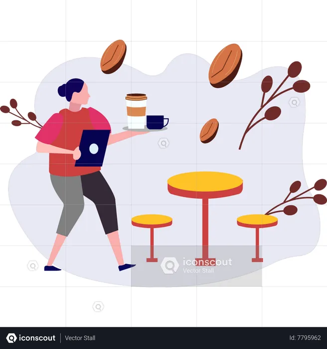 Girl carrying tray coffee  Illustration