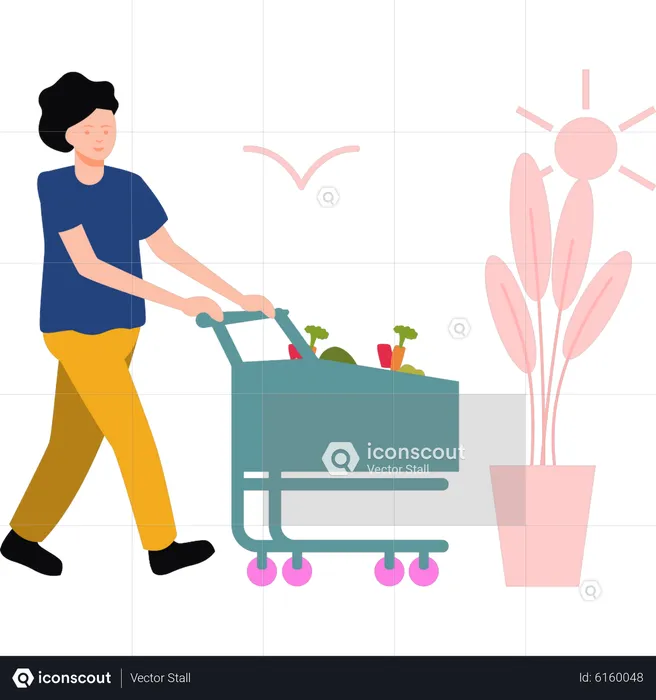 Girl carrying trolley in vegetables  Illustration