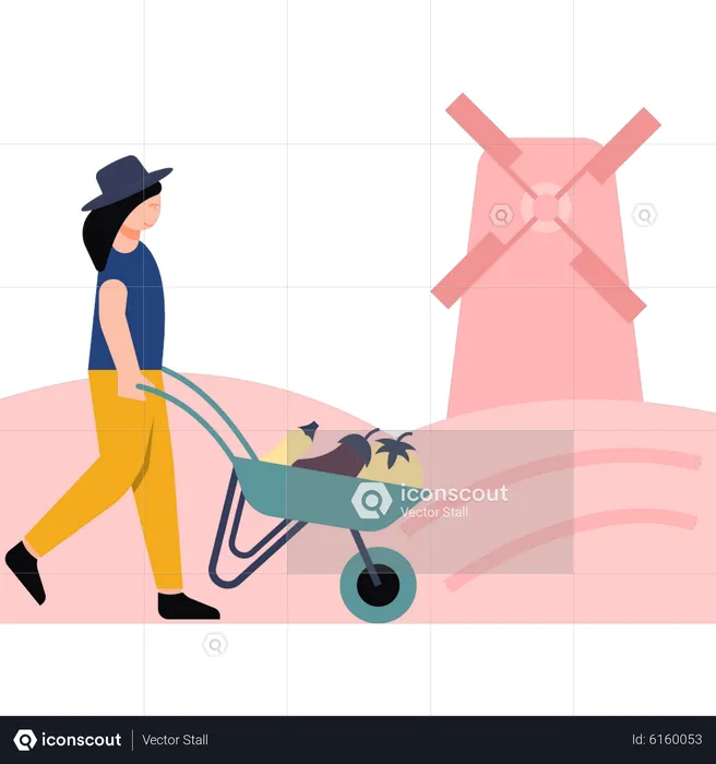 Girl carrying trolley in vegetables  Illustration