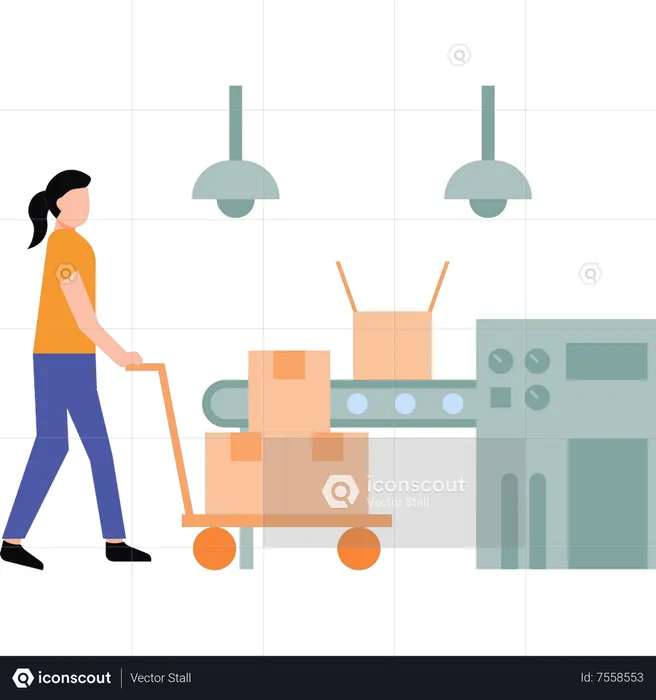 Girl carrying trolley of packages  Illustration