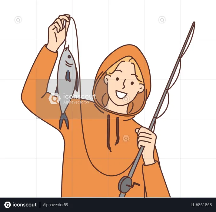 Girl caught fish while fishing  Illustration