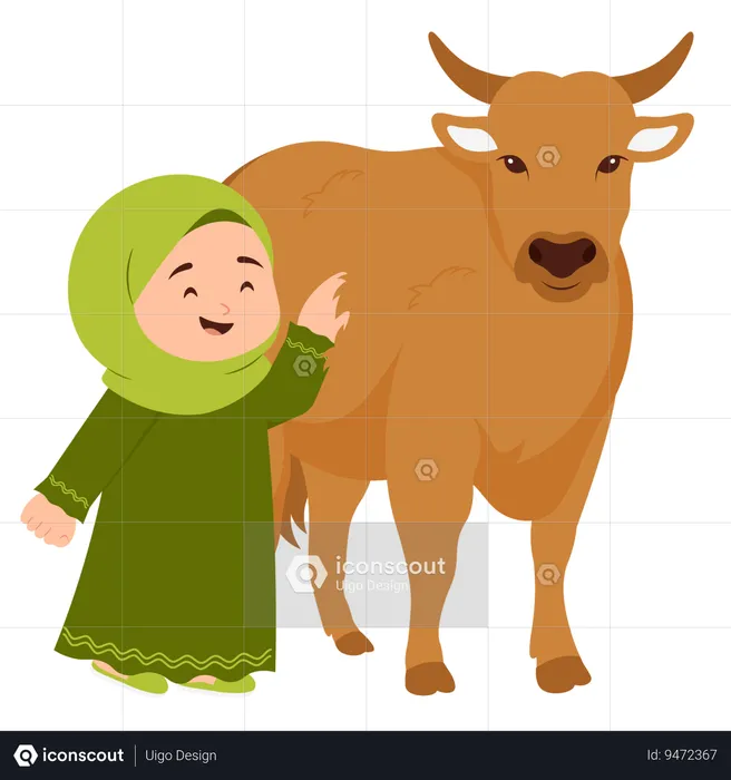 Girl Celebrate Eid Al Adha With Cow  Illustration