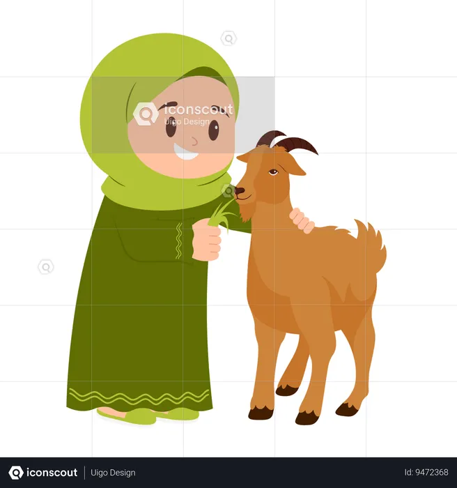 Girl Celebrate Eid Al Adha With Goat  Illustration