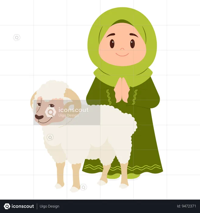 Girl Celebrate Eid Al Adha With Sheep  Illustration