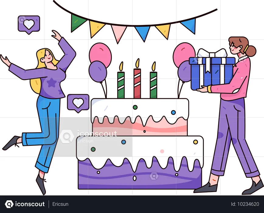 Girl celebrating people with social friends  Illustration