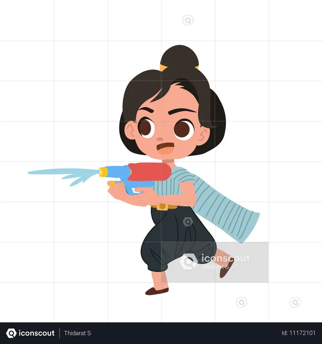 Girl celebrating songkran with water gun  Illustration