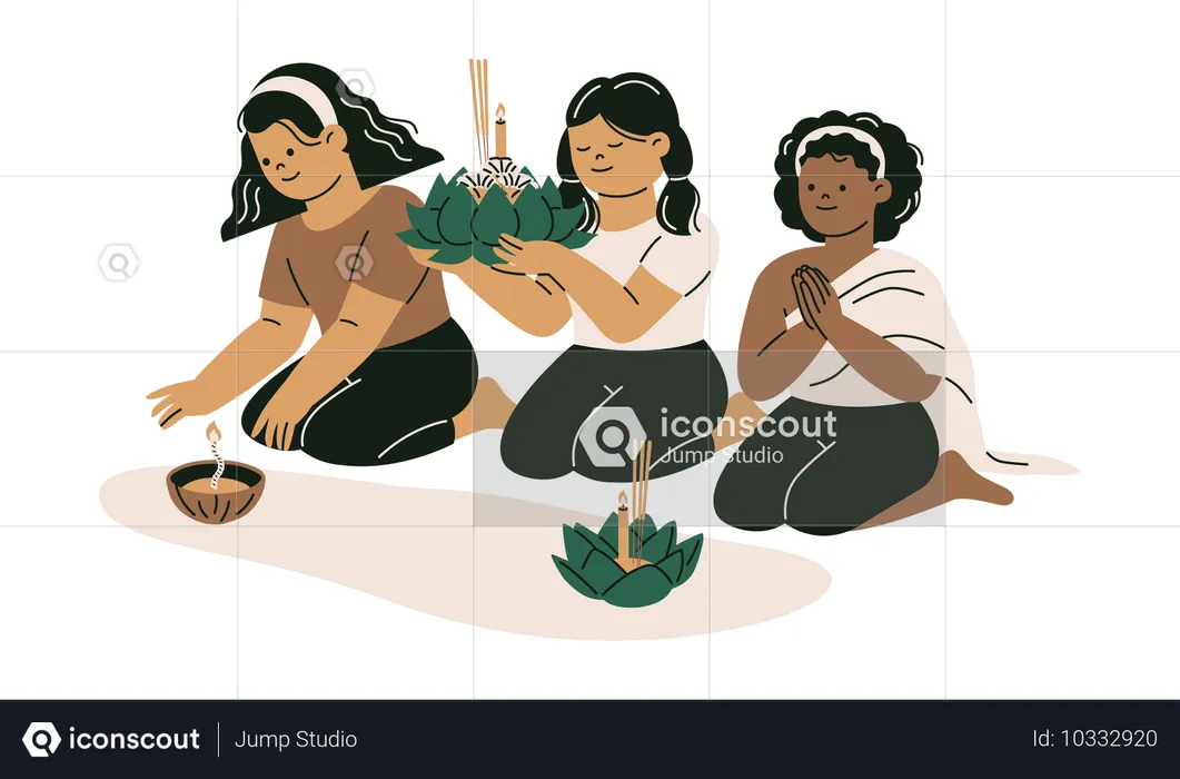 Girl celebrating Thai Loy Krathong Festival  Illustration