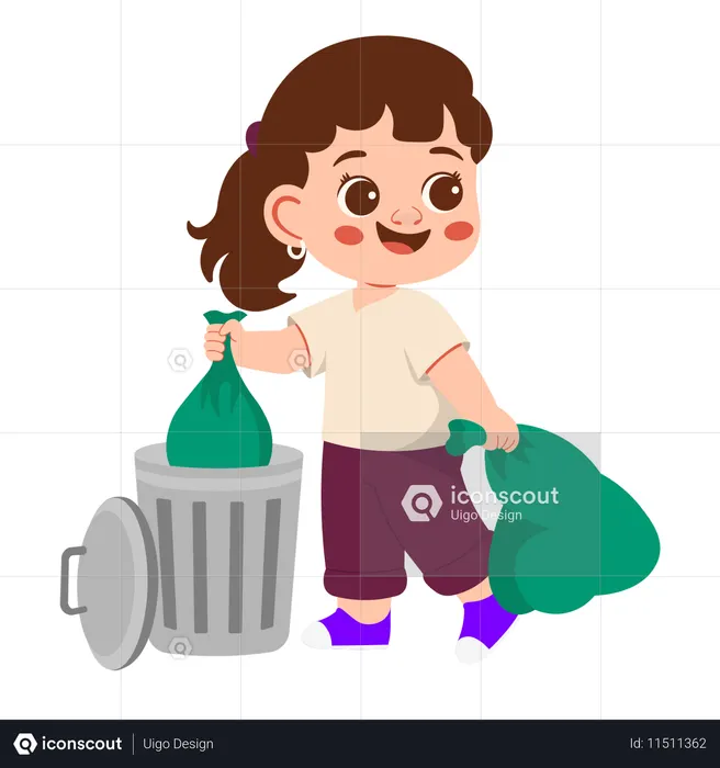 Girl Character Cleaning Trash Putting In Trash Bag  Illustration