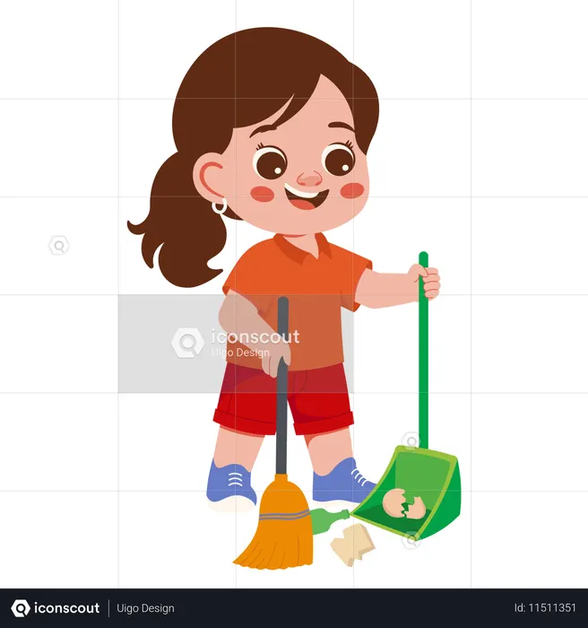 Girl Character Cleaning Trash Sweeping Trash  Illustration