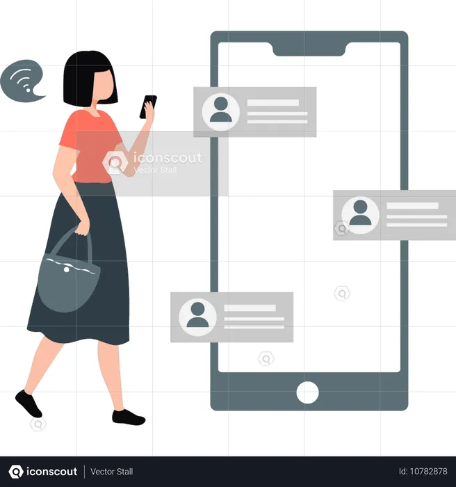 Girl chatting on mobile while walking with bag  Illustration