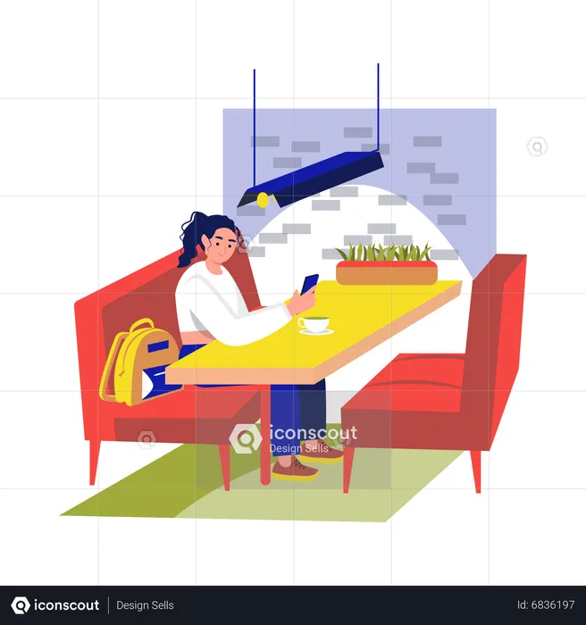 Girl chatting on phone in cafeteria  Illustration