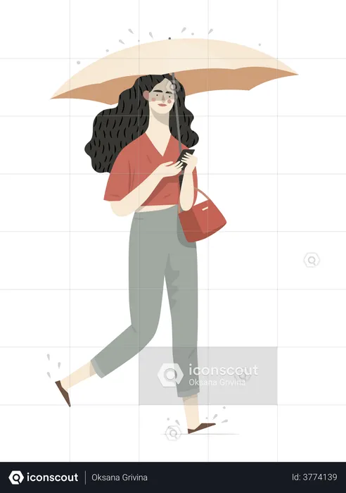 Girl chatting on phone while holding umbrella  Illustration