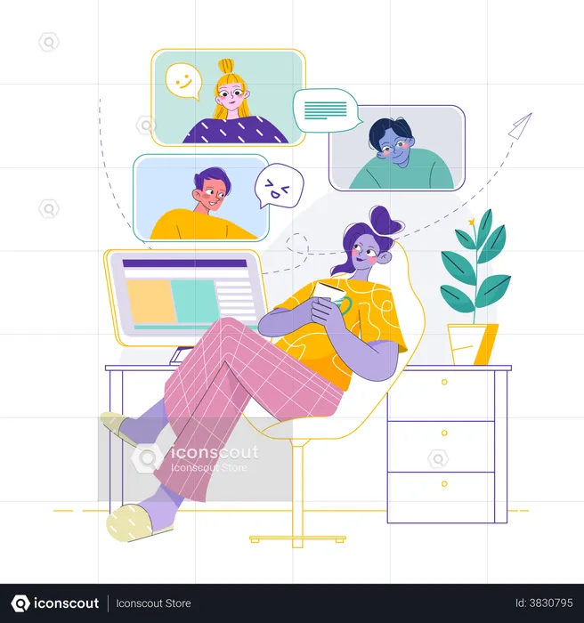 Girl chatting with employees  Illustration