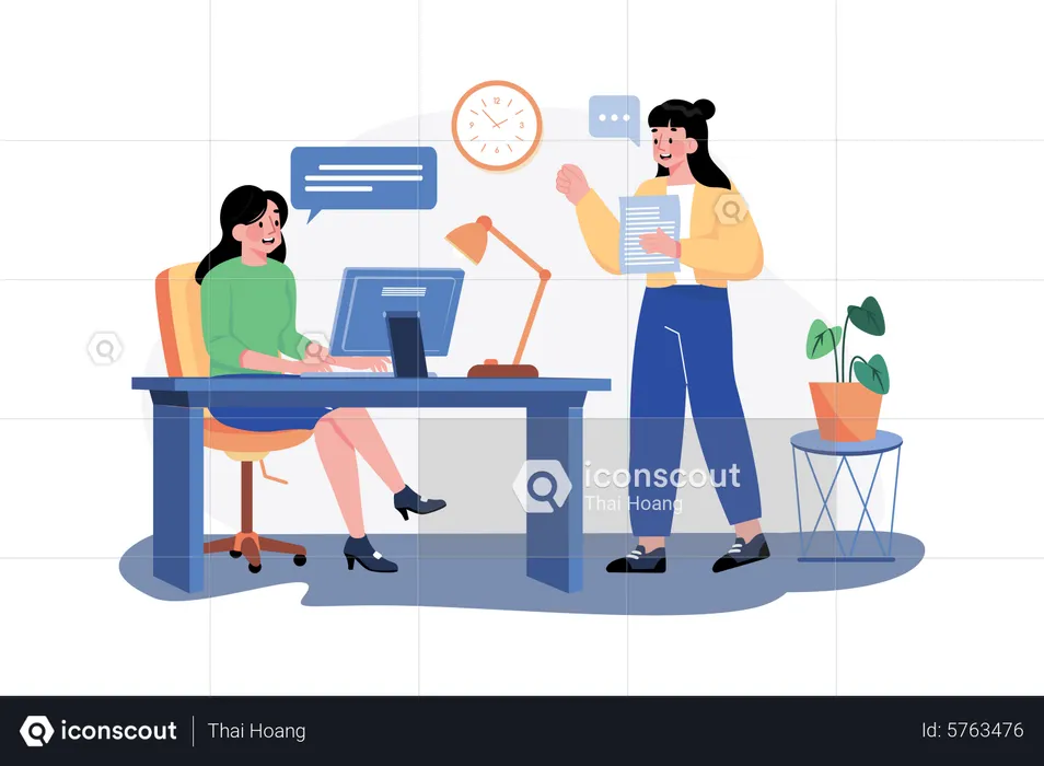 Girl chatting with employees  Illustration