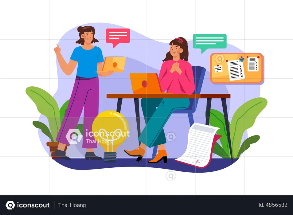 Girl chatting with employees  Illustration