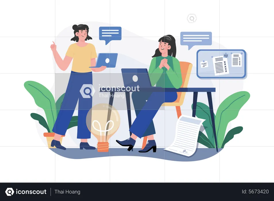 Girl chatting with employees  Illustration