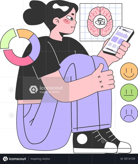 Girl checking brain report on mobile app  Illustration