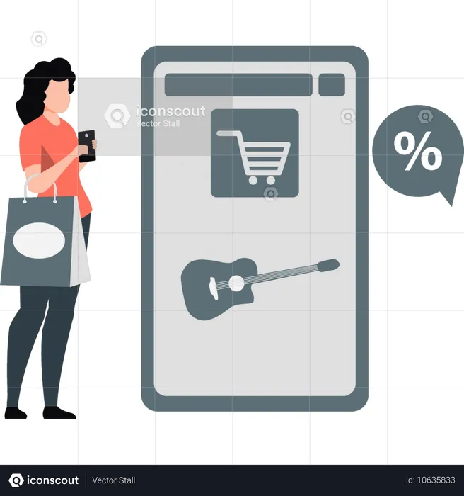 Girl checking discount online at gituar  Illustration