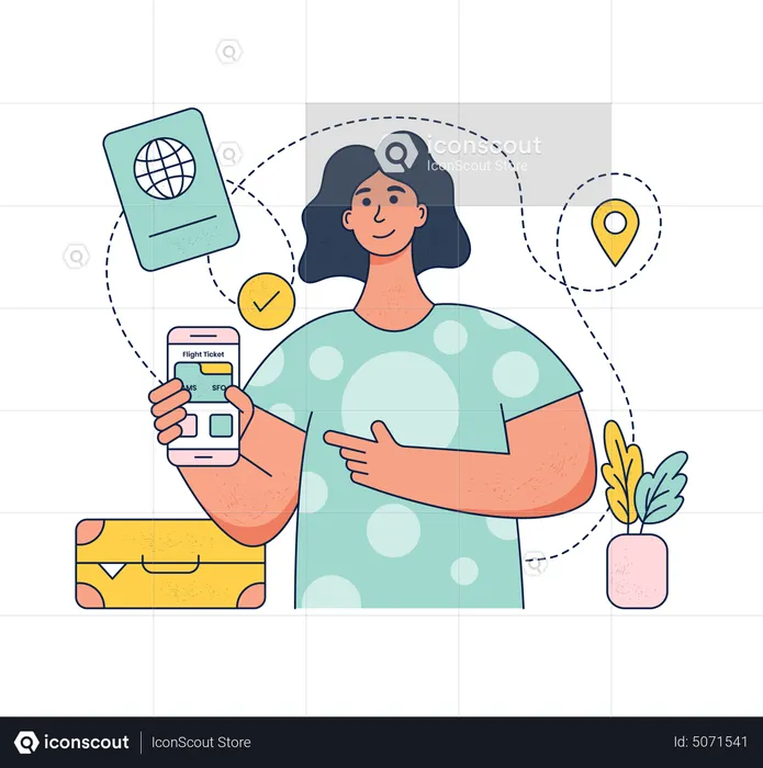 Girl checking important travel documents on mobile phone  Illustration