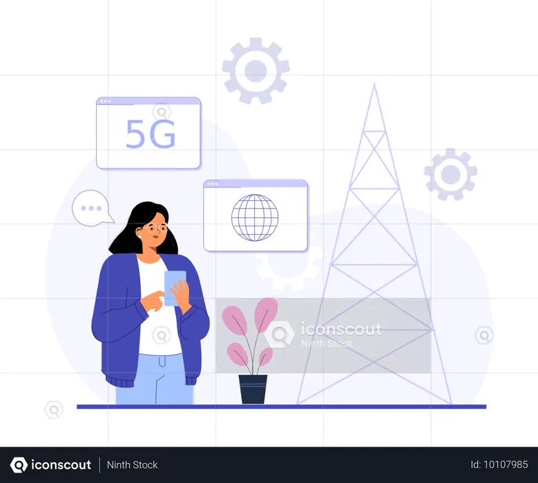 모바일 5G 네트워크를 체크하는 소녀  일러스트레이션