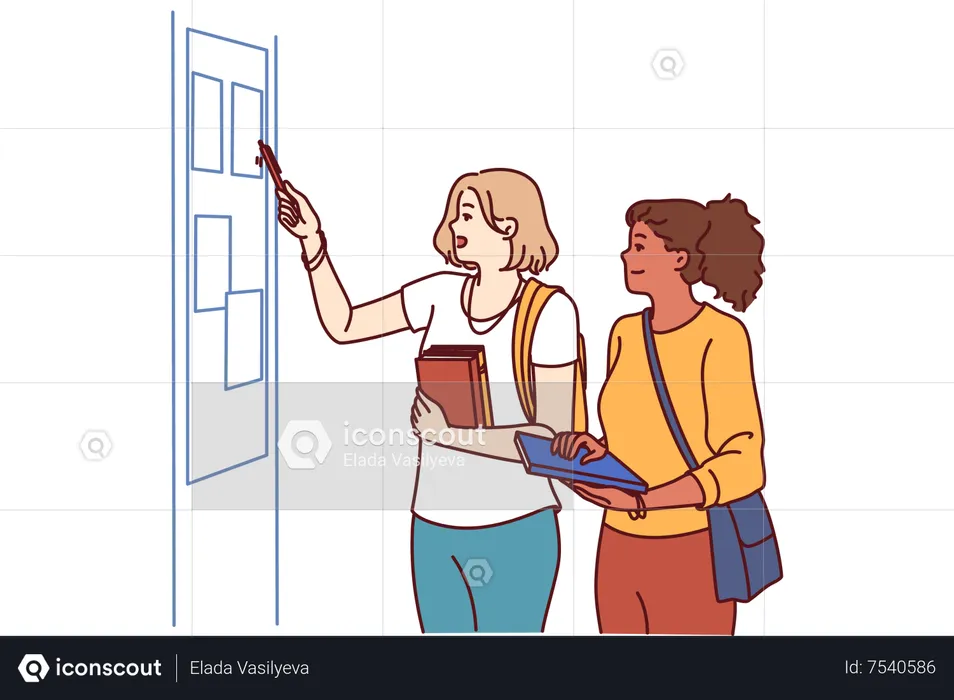 Girl checking notice board  Illustration