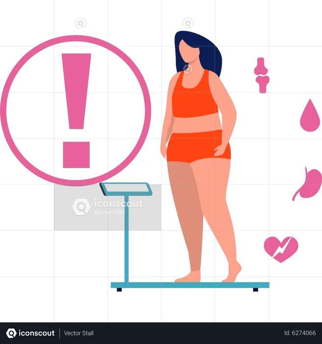 Girl checks her weight on a weighing machine  Illustration