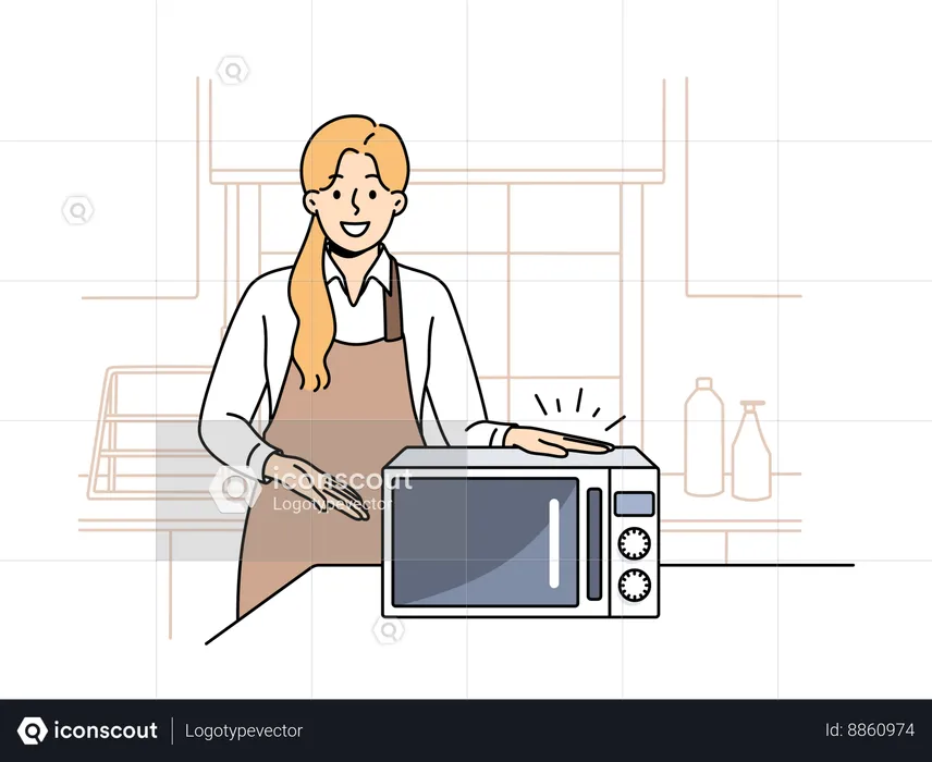 Girl chef stands in kitchen of cafe and points with hand at microwave oven  Illustration