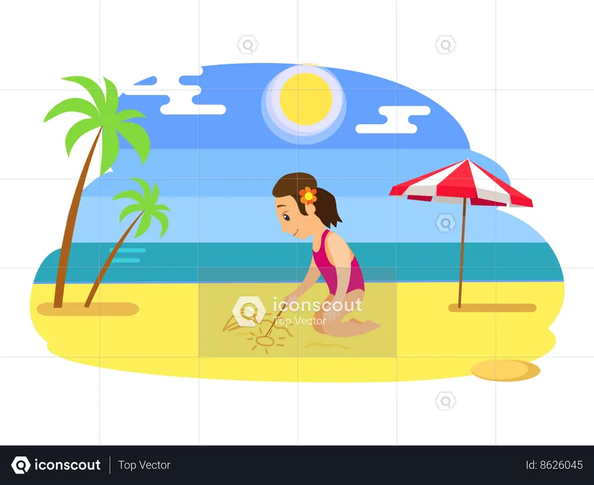 Girl child drawing on sand  Illustration