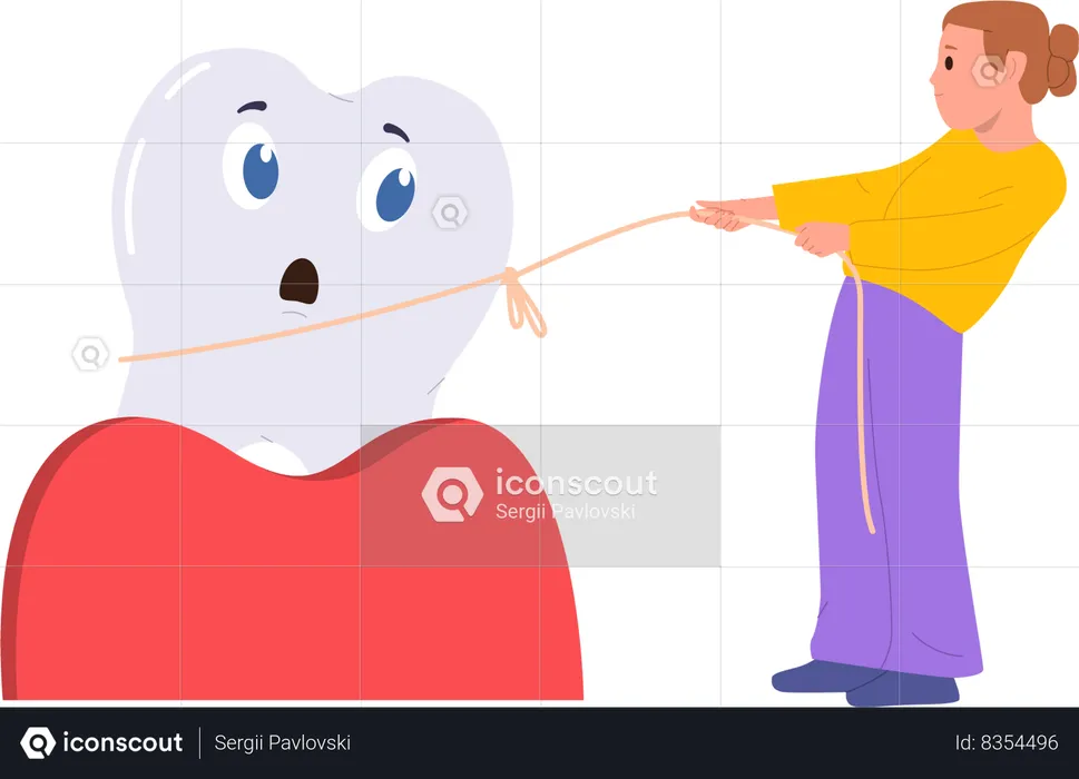 Girl child pulling out loosing milk baby tooth with floss  Illustration