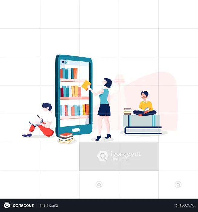 Girl choosing books from online books collection application  Illustration