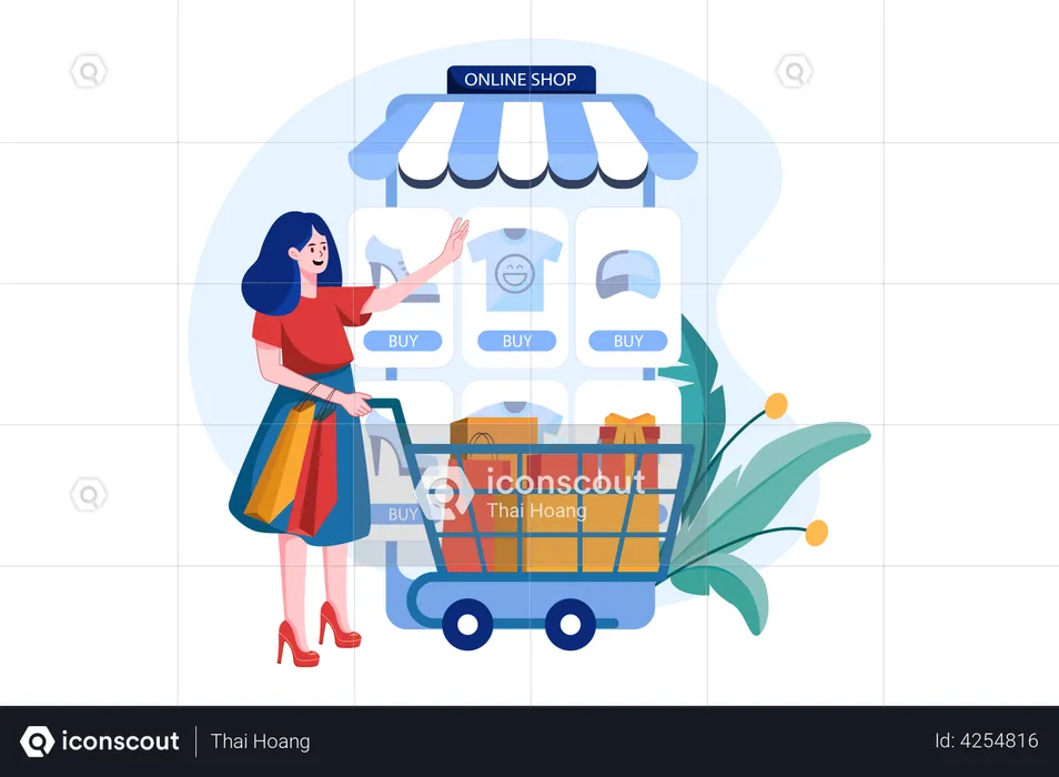 Girl choosing cloth in a mobile online shop  Illustration
