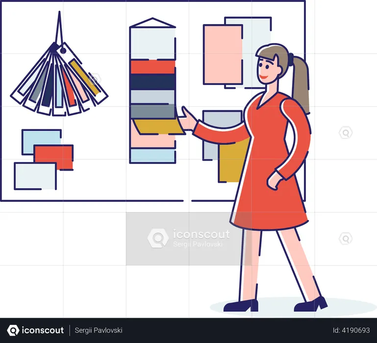 Girl choosing ink cartridge for print plotter  Illustration