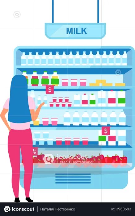 Girl choosing milk in grocery store  Illustration