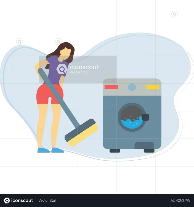 Girl cleaning floor and washing the clothes  Illustration