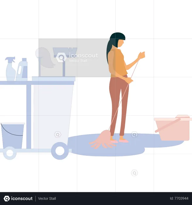 Girl cleaning floor with mop  Illustration