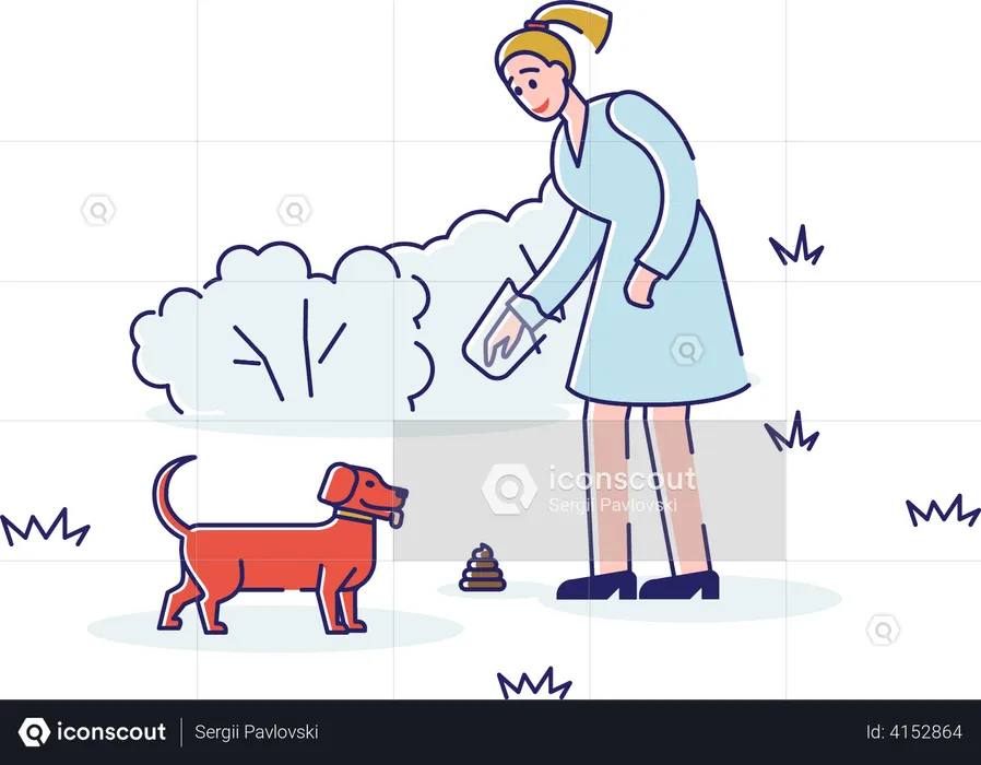 Girl cleaning pet poop at public place  Illustration