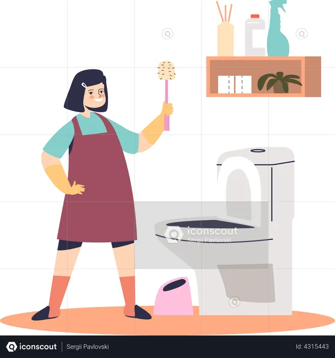 A girl cleaning toilet by rag and spray Royalty Free Vector