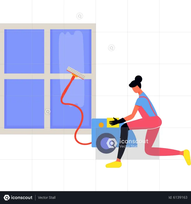 Girl cleaning window with vacuum cleaner  Illustration