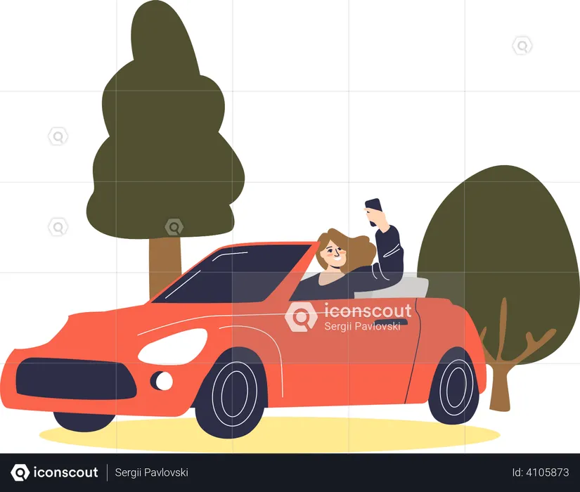 Girl clicking selfie while driving car on road  Illustration