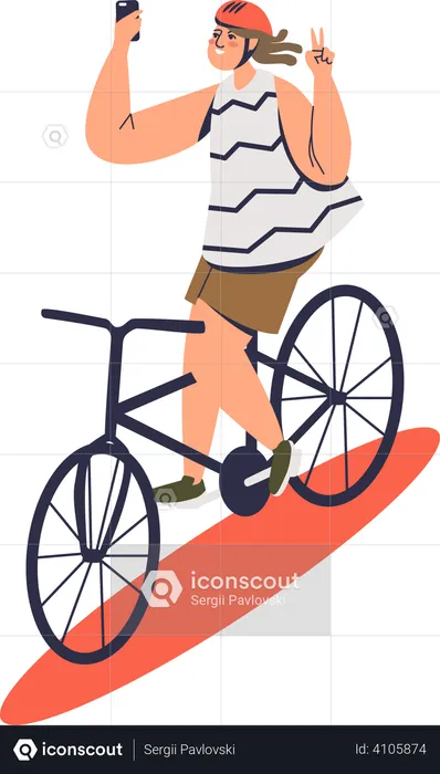 Girl clicking selfie while riding bicycle  Illustration