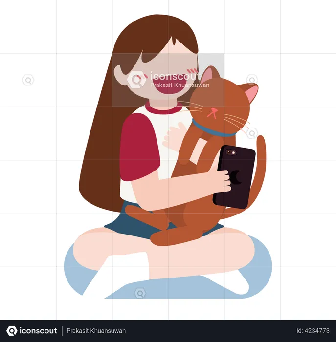 Girl clicking selfie with pet cat  Illustration