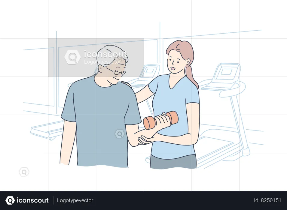 Girl coach help old man senior citizen pensioner with workout at gym  Illustration