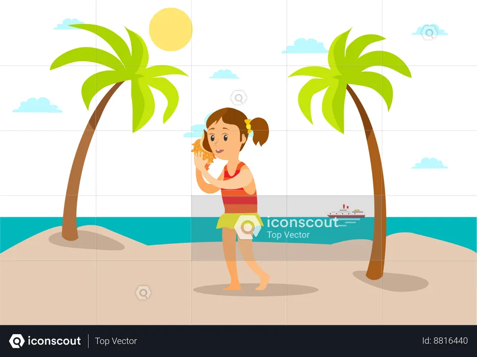 Girl collects seashell from beach  Illustration