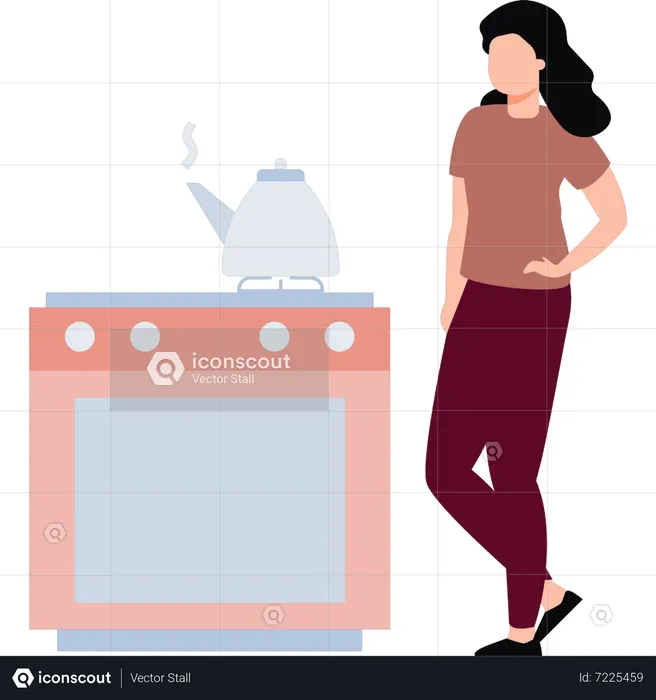 Girl coming to check kettle on stove  Illustration