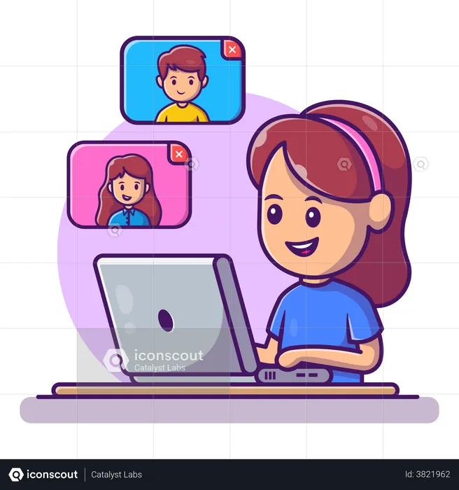 Girl communicating with friends online  Illustration