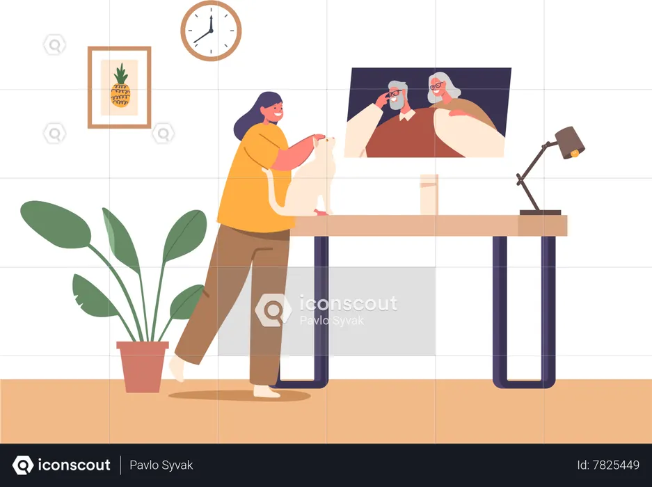 Girl connect with grandparent through video conference  Illustration