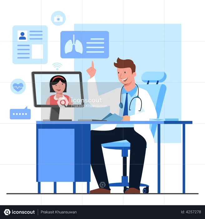 Girl consulting doctor online about lung disease  Illustration