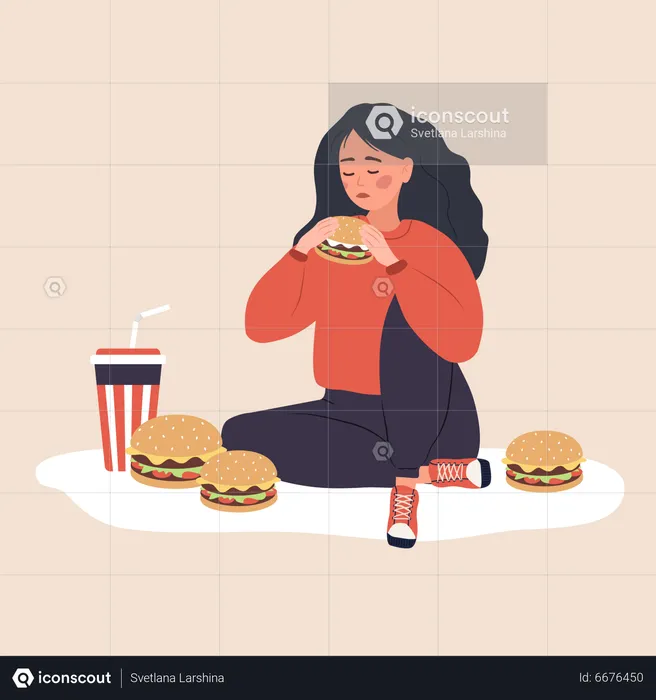 Girl consuming too much fast food  Illustration