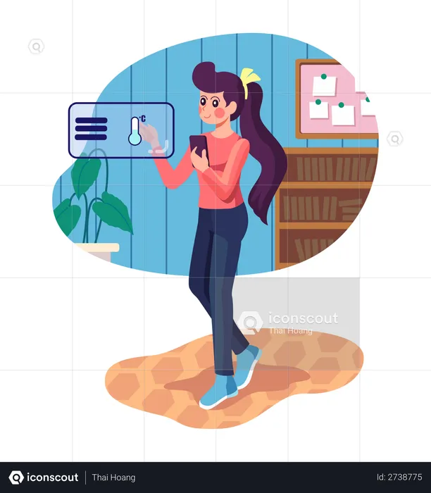Girl controlling Air conditioner using mobile  Illustration