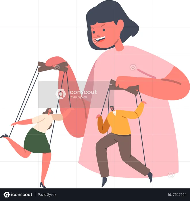 Girl Controlling Parents like Puppeteer  Illustration